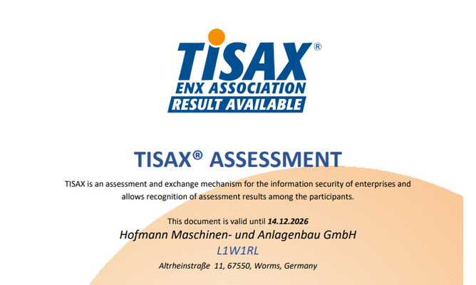 Hofmann Maschinen- und Anlagenbau has successfully received the TISAX® label