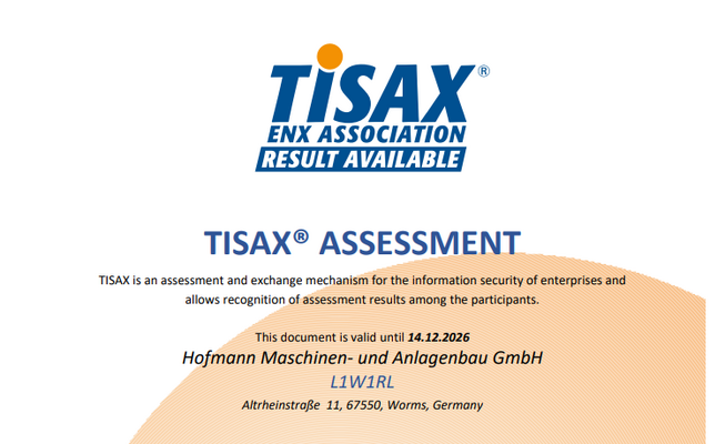 Hofmann Maschinen- und Anlagenbau hat erfolgreich das TISAX®-Label erhalten